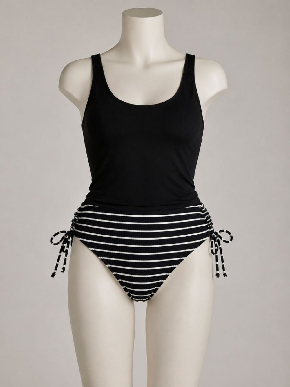 Lands End XL  Black & White Striped High-Waisted Bikini Bottom  NEW